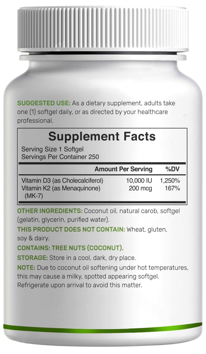 DEAL SUPPLEMENT Vitamin D3 10,000 IU + K2 MK7 200mcg Softgels – 2-in-1 Coconut Oil Carrier, 250 Count