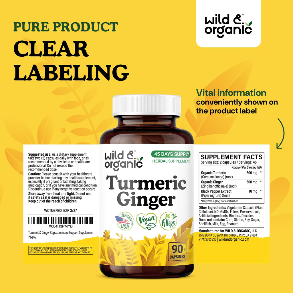 Wild & Organic Turmeric Ginger Capsules – Mobility & Immune Support | Vegan, Non-GMO | 90 Count