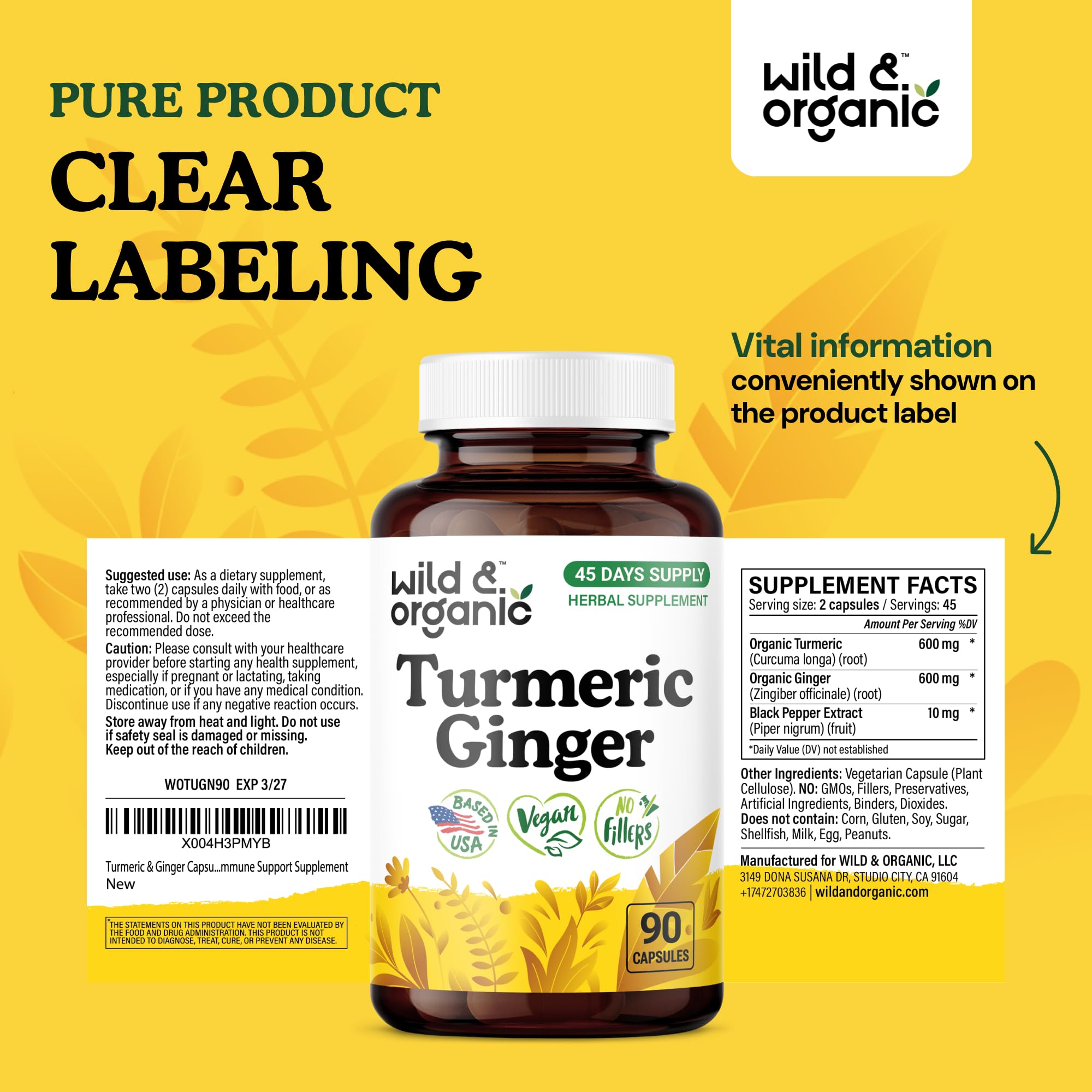 Wild & Organic Turmeric Ginger Capsules – Mobility & Immune Support | Vegan, Non-GMO | 90 Count