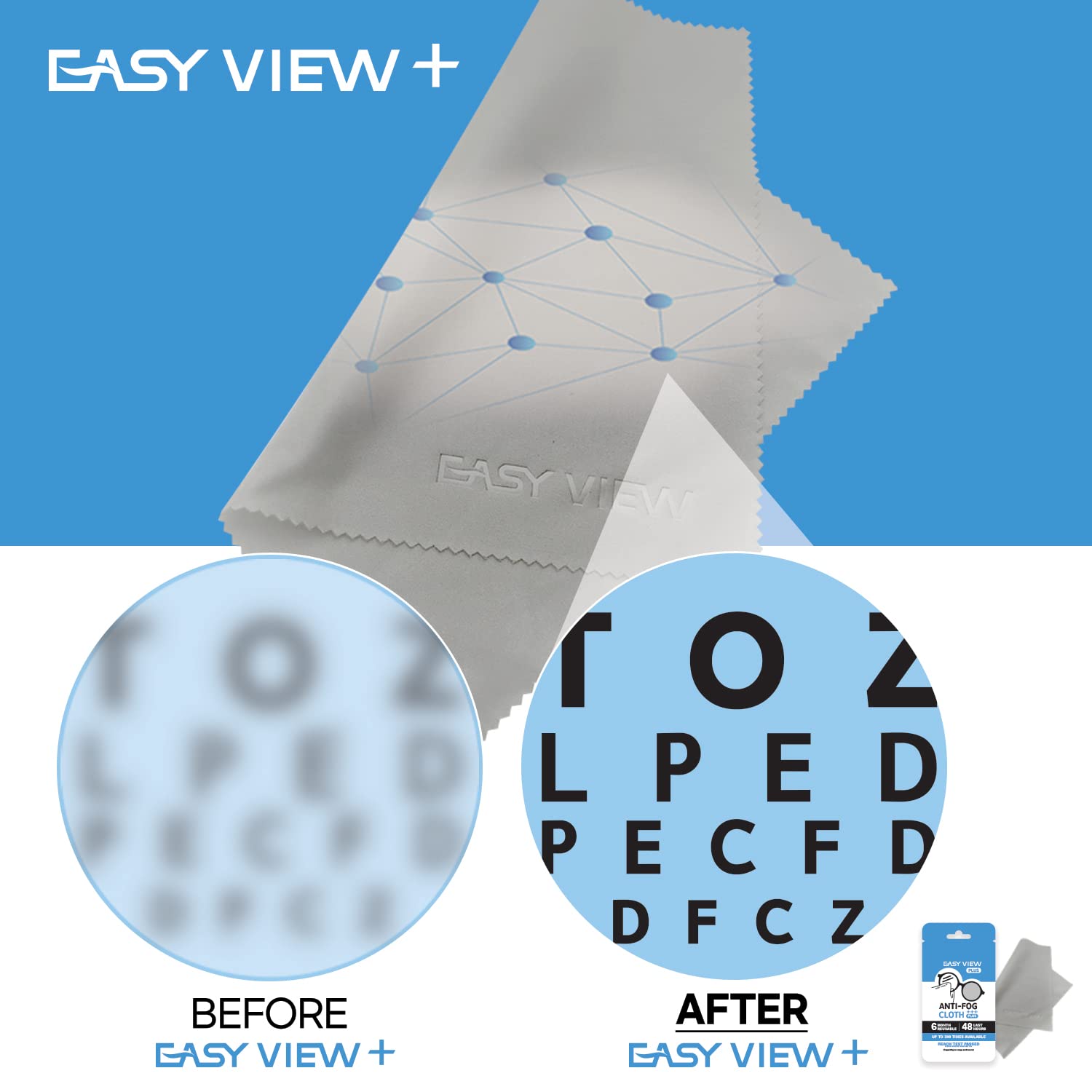 EASY VIEW+ Anti-Fog Microfiber Cloth for Glasses, Goggles, Motorcycle Helmet & Camera Lens