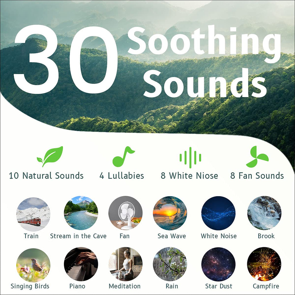 Easysleep Wood Finish White Noise Machine — 30 Sounds, 12 Night Lights, Memory, 32 Volume Levels, 5 Timers, AC/USB