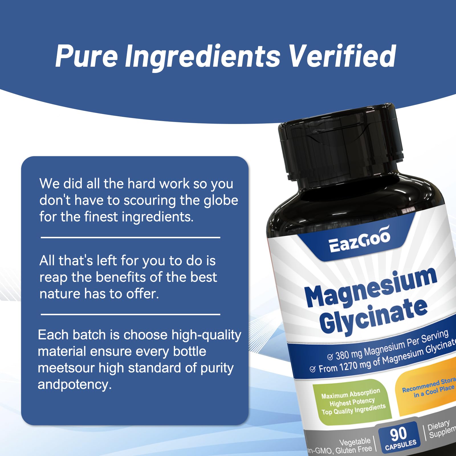 EAZGOO Magnesium Glycinate Capsules 1270mg - High Absorption, 90 Caps