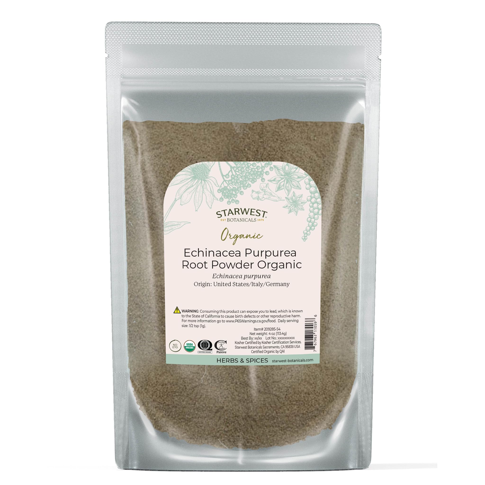 Starwest Botanicals Organic Echinacea Purpurea Root Powder – 4 oz Pouch | Kosher, Non-GMO