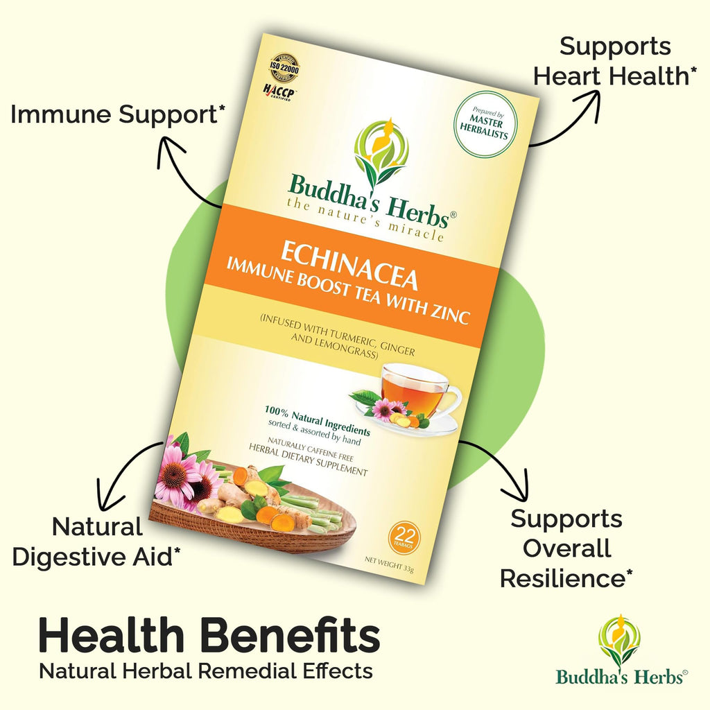 Premium Echinacea Tea with Zinc (Pack of 4, 88 Tea Bags) - Decaffeinated Organic Herbal Tea for Immune Health