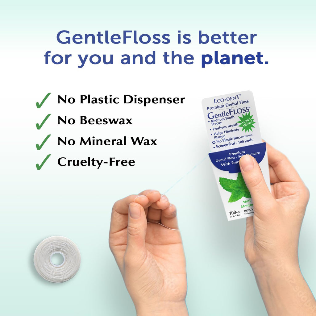 Eco-Dent GentleFloss Waxed Mint Dental Floss – Vegan Wax, 100 Yds x6