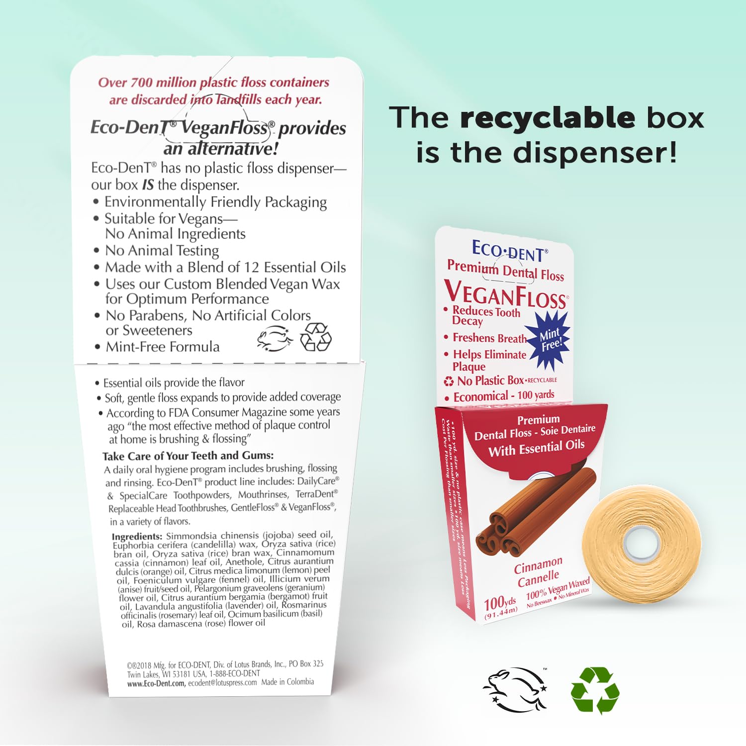 Eco-Dent VeganFloss Dental Floss - Cinnamon Waxed, Plant-Based Wax, 100 Yds (Pack of 6)
