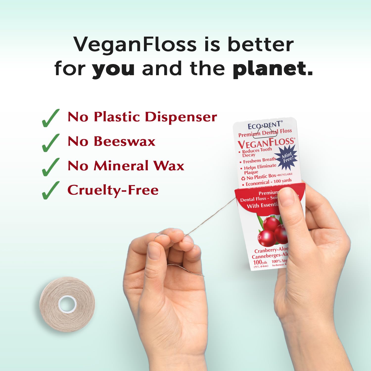 Eco-Dent VeganFloss - Waxed Cranberry-Aloe Floss with DailyRinse, 100 Yds