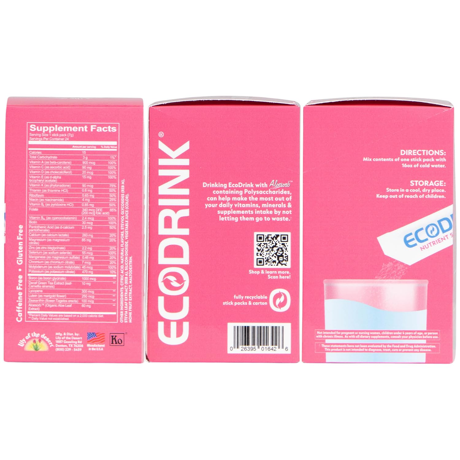 Lily of the Desert EcoDrink Nutrient Support Hydration Packets (3 Flavors) – 24 Stick Packs/Box, 0.25 oz Each