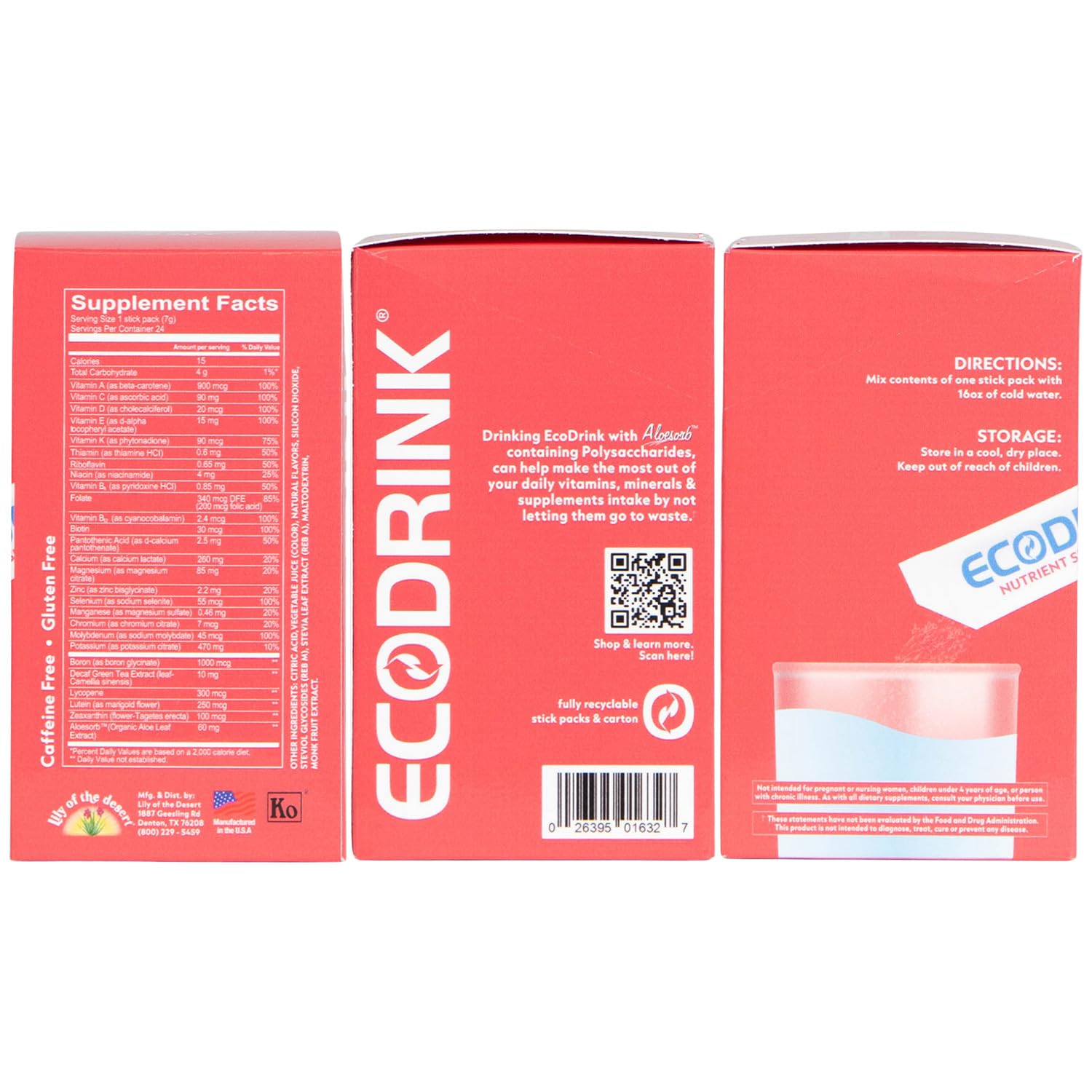 Lily of the Desert EcoDrink Nutrient Support Hydration Packets (3 Flavors) – 24 Stick Packs/Box, 0.25 oz Each