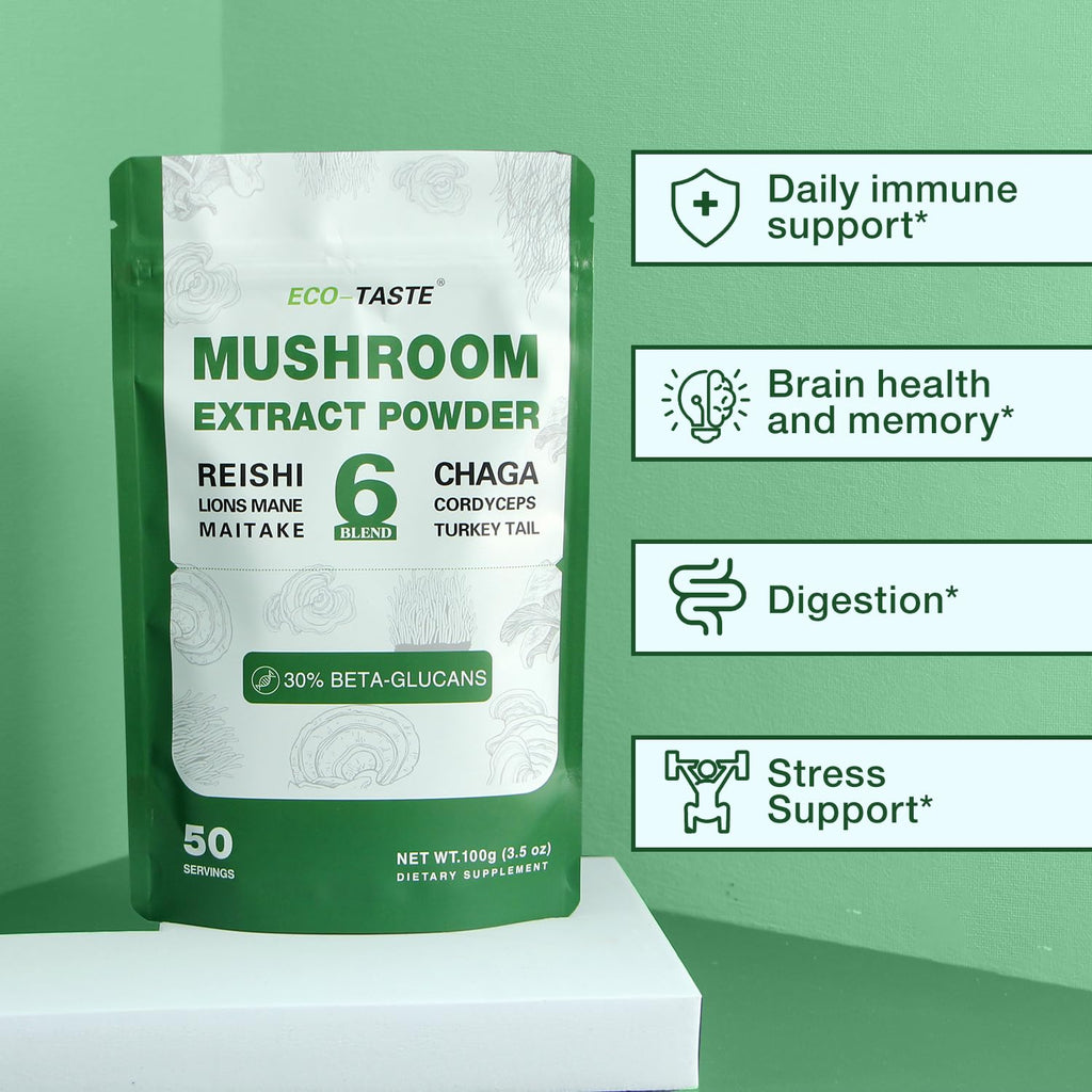 Eco-Taste 6 Blend Mushroom Powder - 30% Beta-D-Glucan - Lions Mane, Reishi, Cordyceps, Chaga, Turkey Tail, Maitake - Fruiting Body Extract 100g