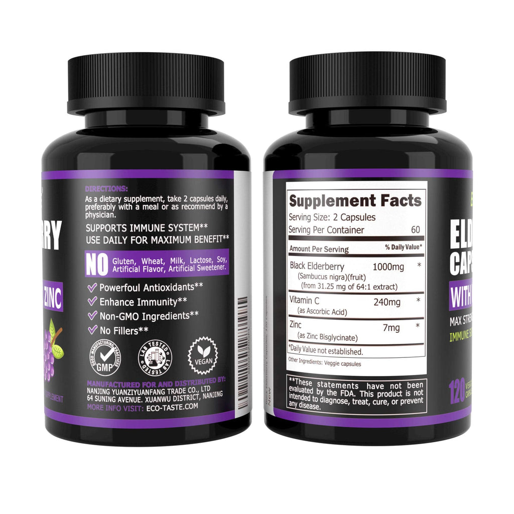 ECO-TASTE Elderberry Capsules with Zinc & Vitamin C | 120 Veggie Caps