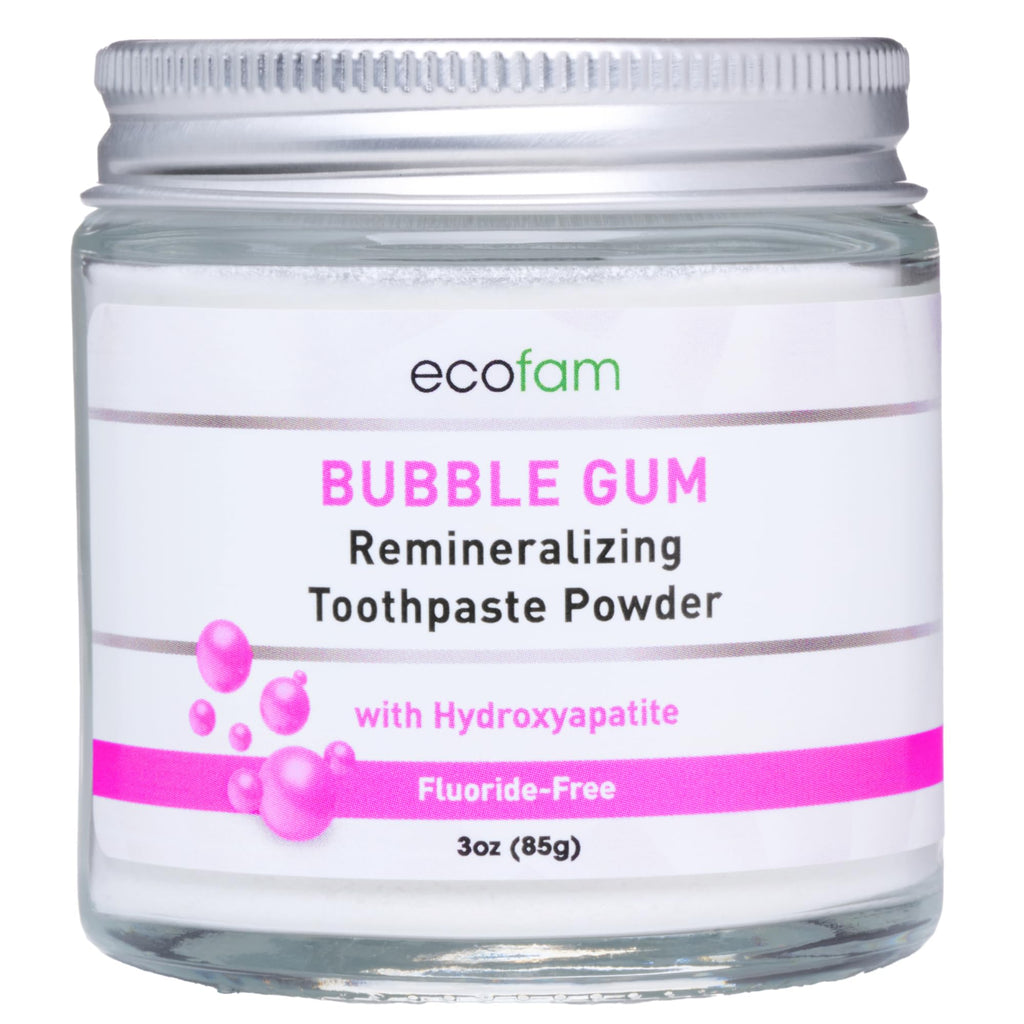 Ecofam Toothpaste Powder – Remineralizing with Hydroxyapatite & Xylitol, Fluoride Free, Bubble Gum