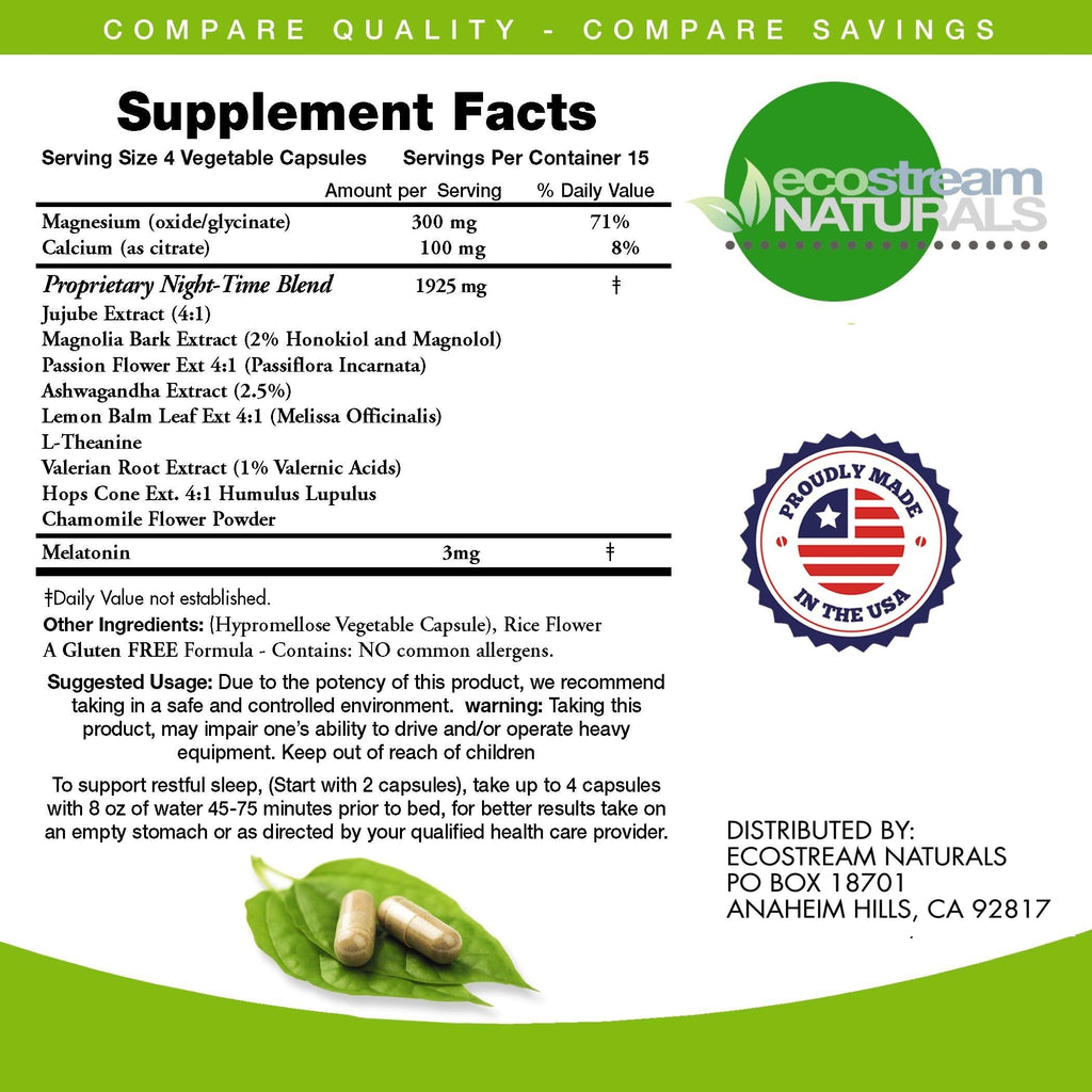 EcoStream Naturals Night-Time PM - 2-Pack (Over 2,300 mg per Pack) | Magnesium, Ashwagandha, Valerian & Passion Flower