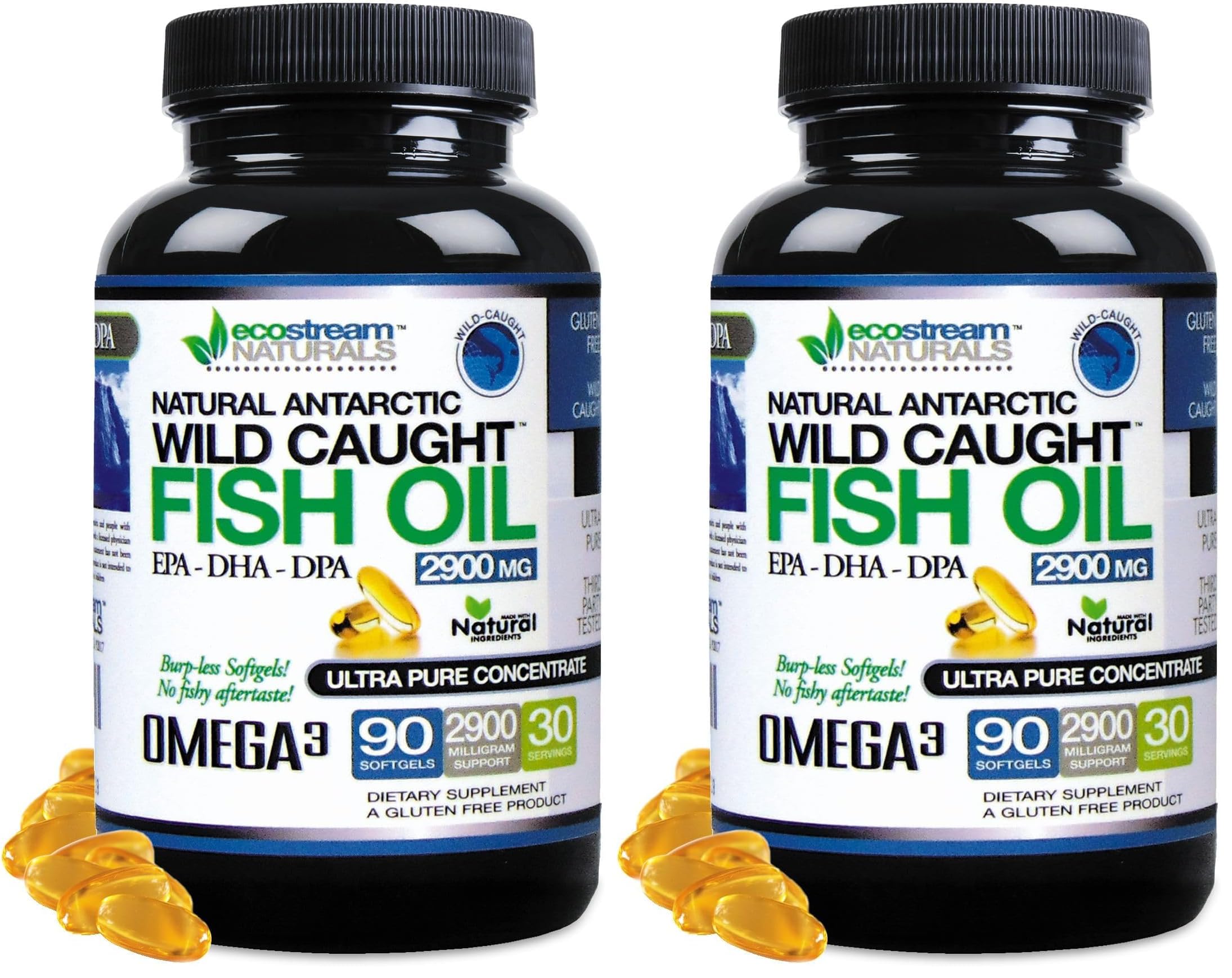 Ecostream Naturals Wild-Caught Omega-3 2,900 mg – Pack of 2 with DPA/EPA/DHA (Enteric-Coated, No Fishy Taste)