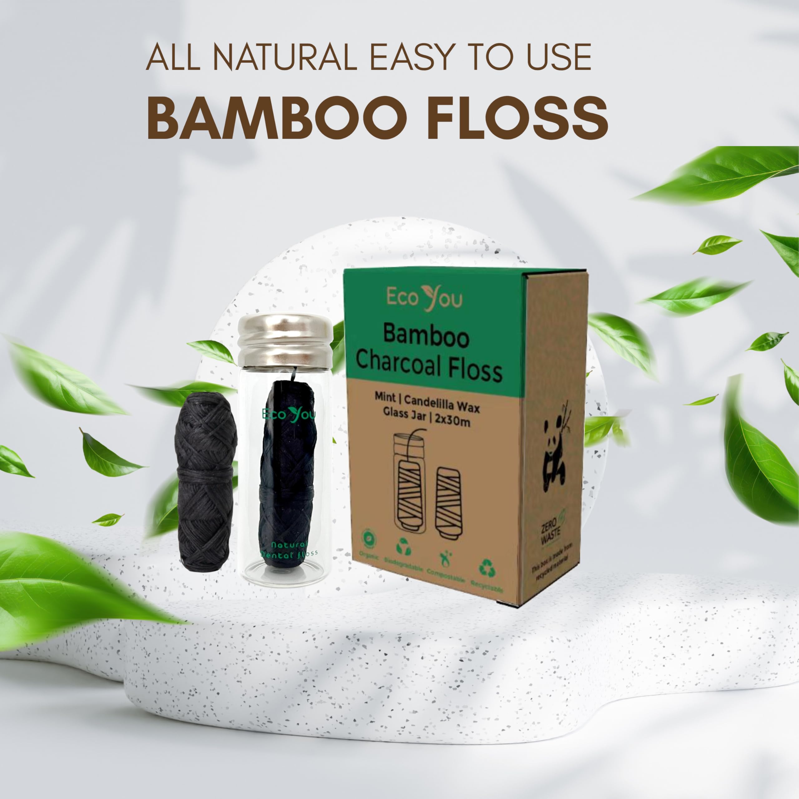 EcoYou Charcoal Bamboo Floss – 2 Refill Spools + Glass Container | Vegan & Biodegradable