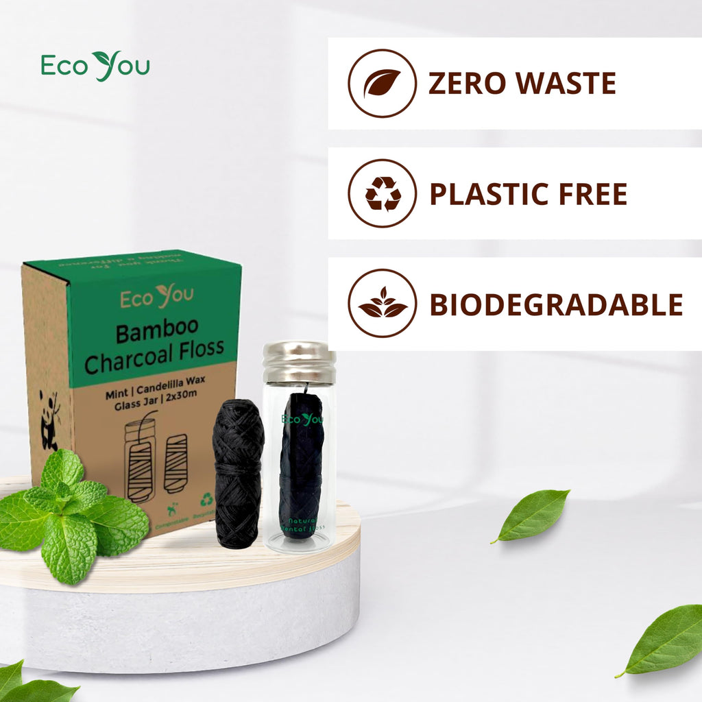 EcoYou Charcoal Bamboo Floss – 2 Refill Spools + Glass Container | Vegan & Biodegradable