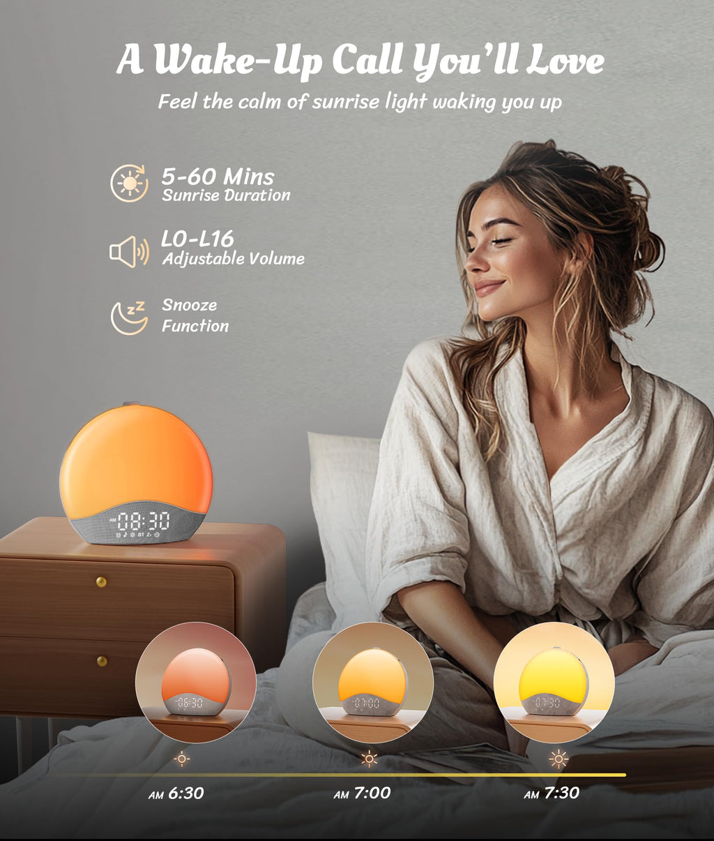 ecozy Sunrise Alarm Clock — Gentle Sunrise, 26 Sounds, 17 Night Lights, Bluetooth Speaker
