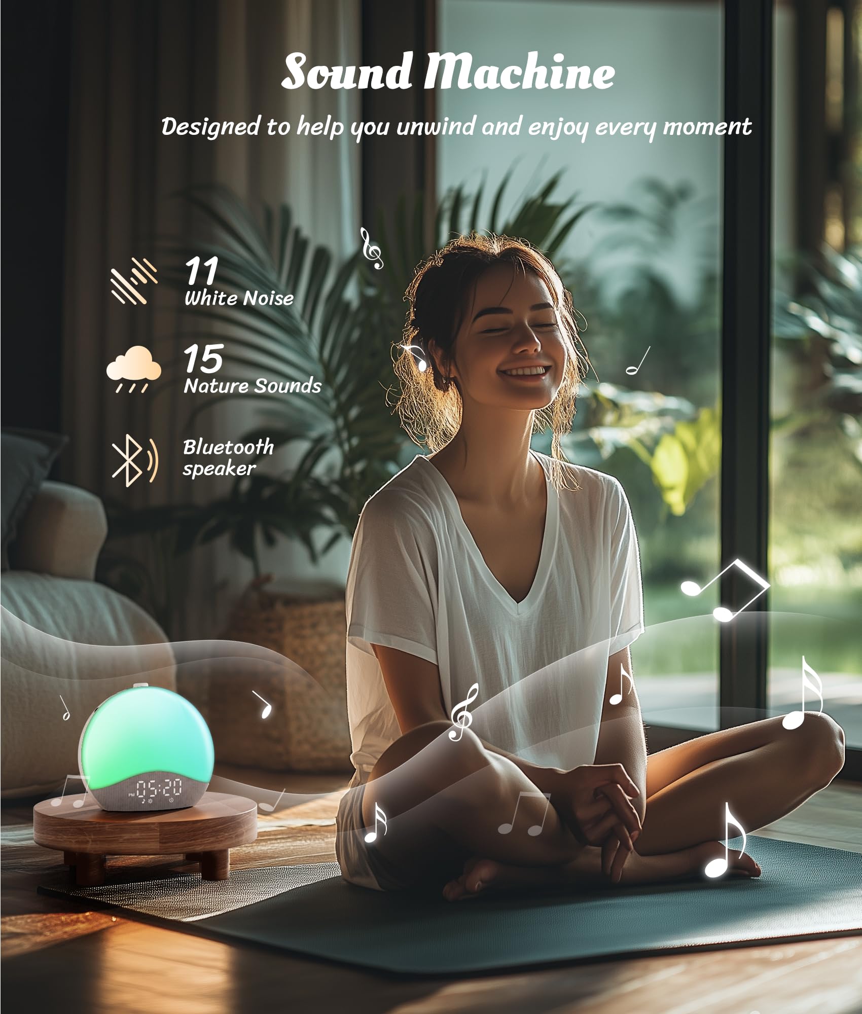 ecozy Sunrise Alarm Clock — Gentle Sunrise, 26 Sounds, 17 Night Lights, Bluetooth Speaker