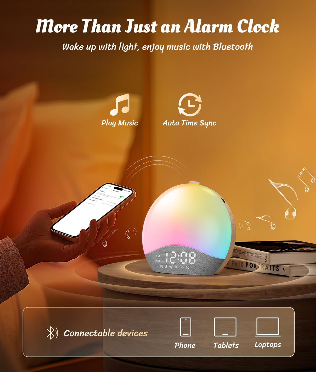 ecozy Sunrise Alarm Clock — Gentle Sunrise, 26 Sounds, 17 Night Lights, Bluetooth Speaker