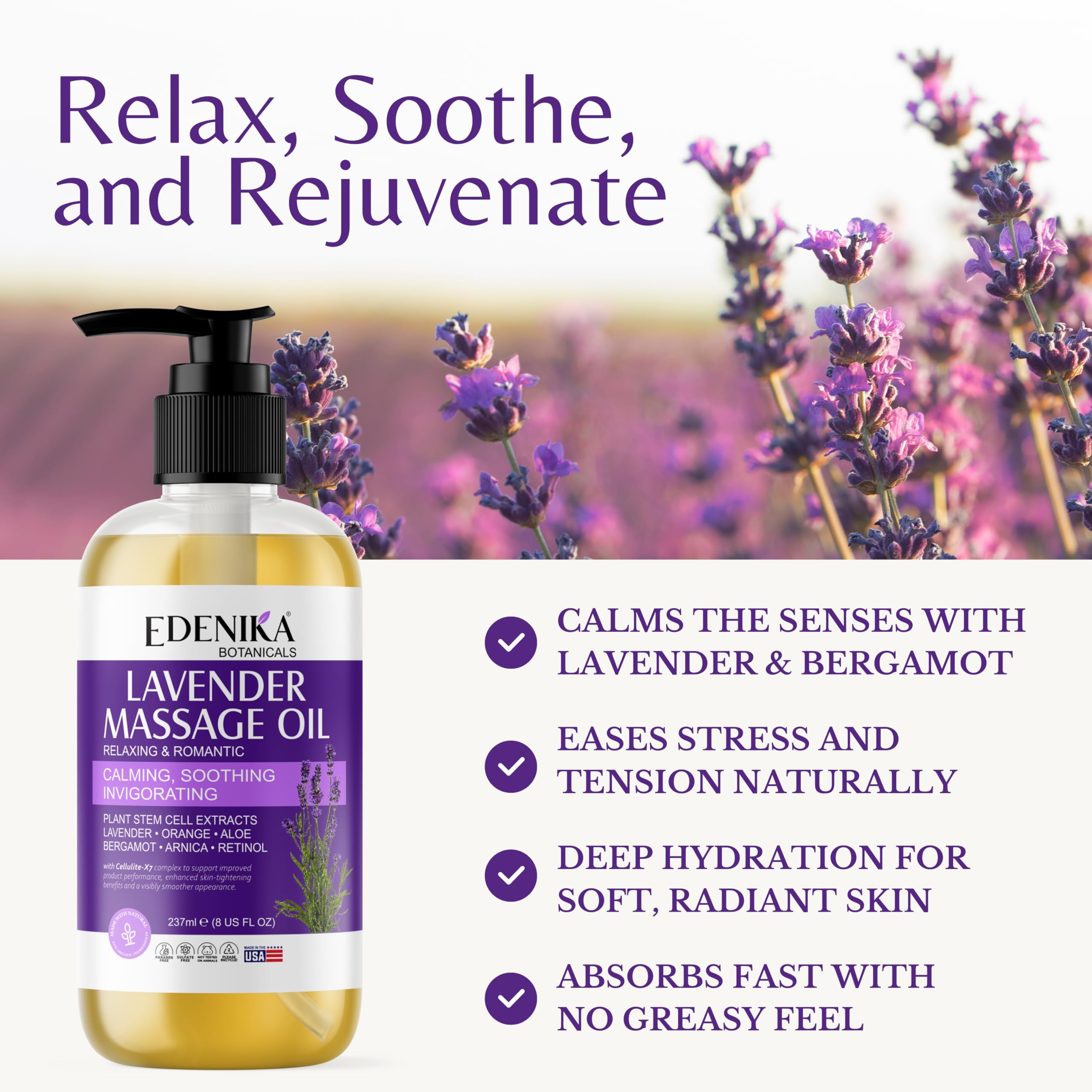 Edenika Botanicals Lavender Massage Oil – Relaxing Aromatherapy & Fast-Absorbing Massage Oil (2-Pack)