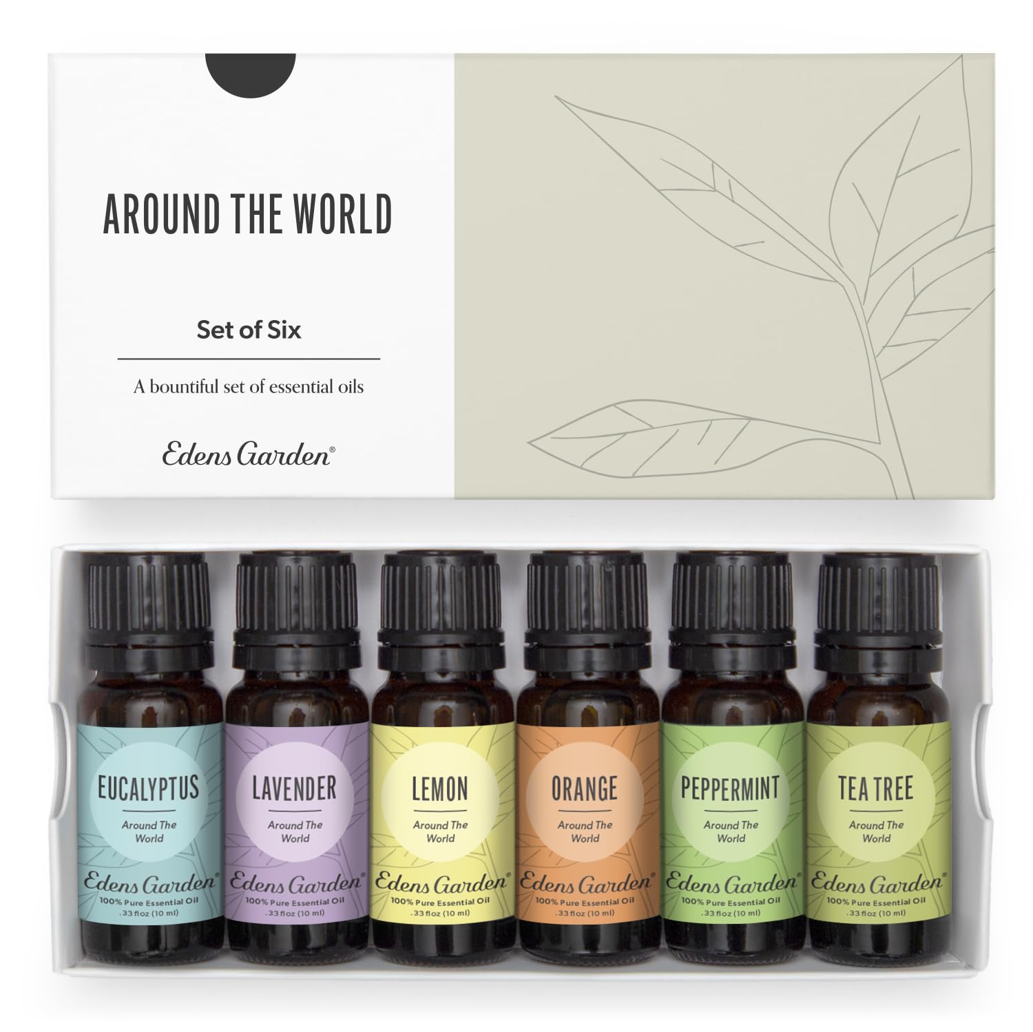 Edens Garden Around The World 6 Set – 100% Pure Therapeutic Grade Essential Oils (Eucalyptus, Lavender, Lemon, Orange, Peppermint, Tea Tree) 10 ml