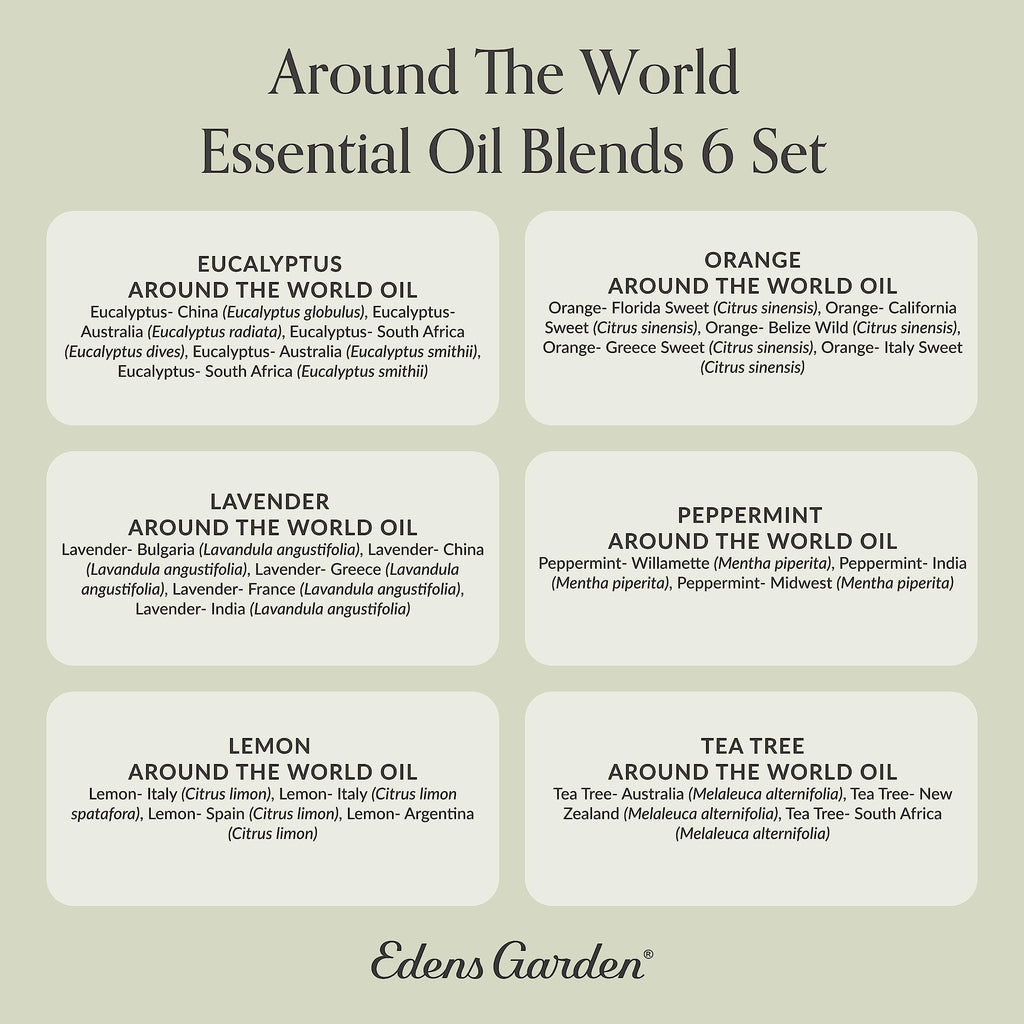 Edens Garden Around The World 6 Set – 100% Pure Therapeutic Grade Essential Oils (Eucalyptus, Lavender, Lemon, Orange, Peppermint, Tea Tree) 10 ml