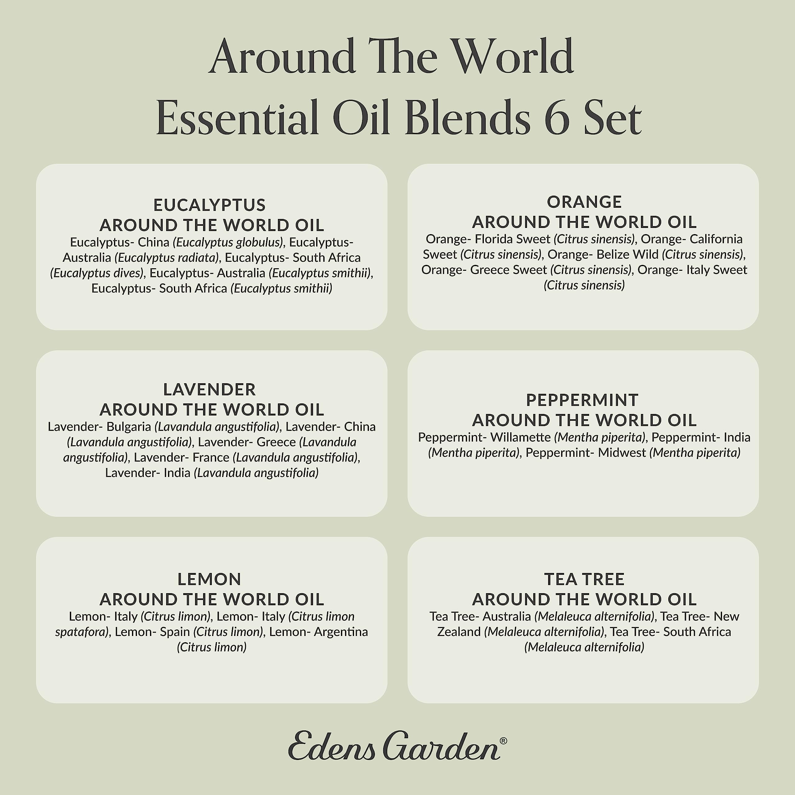 Edens Garden Around The World 6 Set – 100% Pure Therapeutic Grade Essential Oils (Eucalyptus, Lavender, Lemon, Orange, Peppermint, Tea Tree) 10 ml