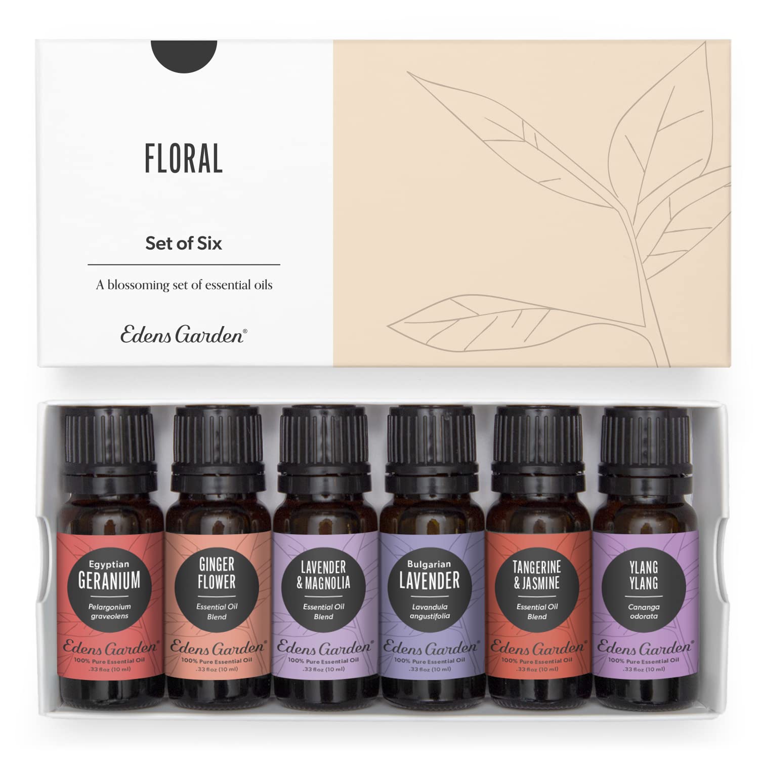 Edens Garden Floral Essential Oils 6 Set – 100% Pure Therapeutic Grade Blends: Geranium, Lavender, Magnolia, Tangerine, Jasmine, Ylang Ylang – 10 ml / 6 Pack