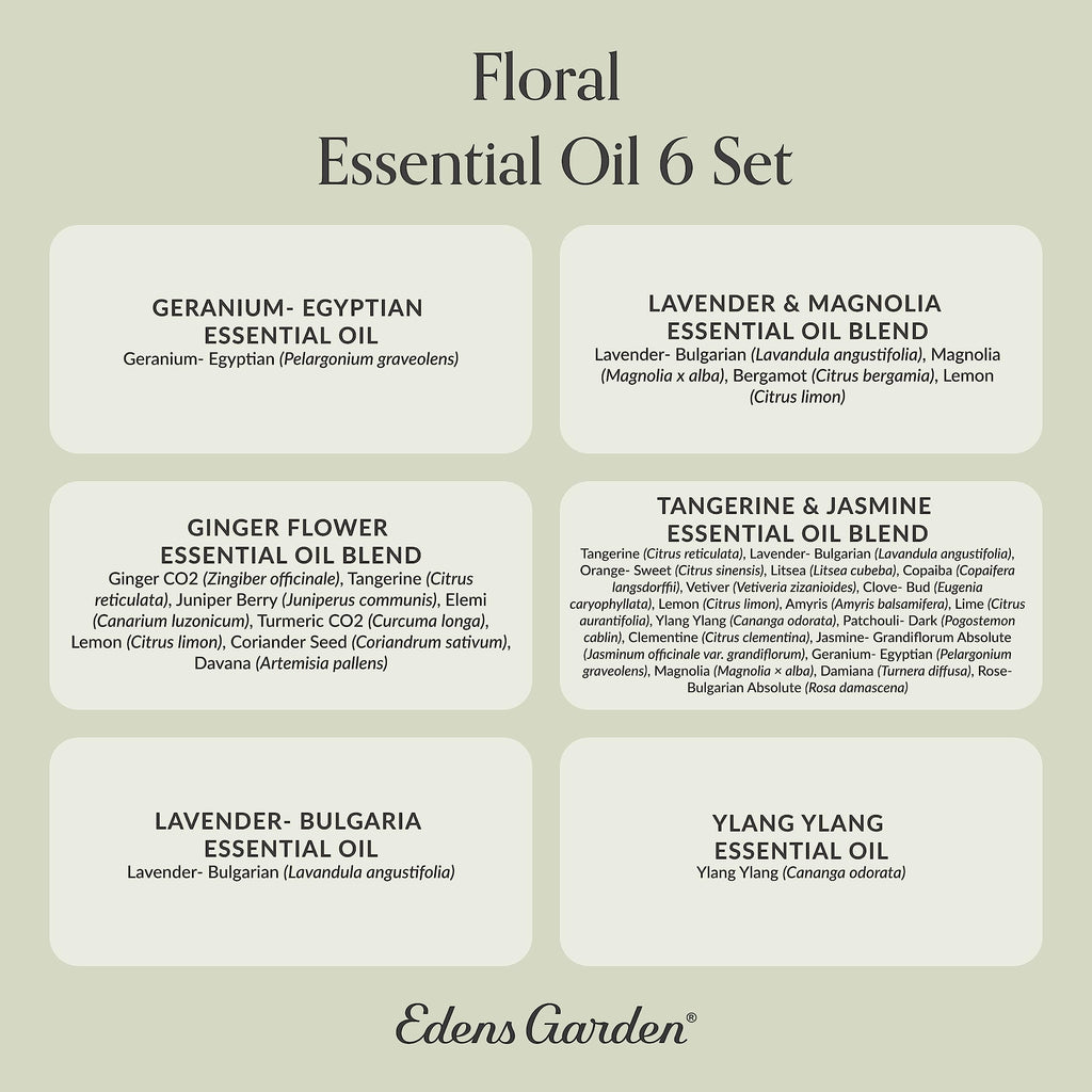 Edens Garden Floral Essential Oils 6 Set – 100% Pure Therapeutic Grade Blends: Geranium, Lavender, Magnolia, Tangerine, Jasmine, Ylang Ylang – 10 ml / 6 Pack