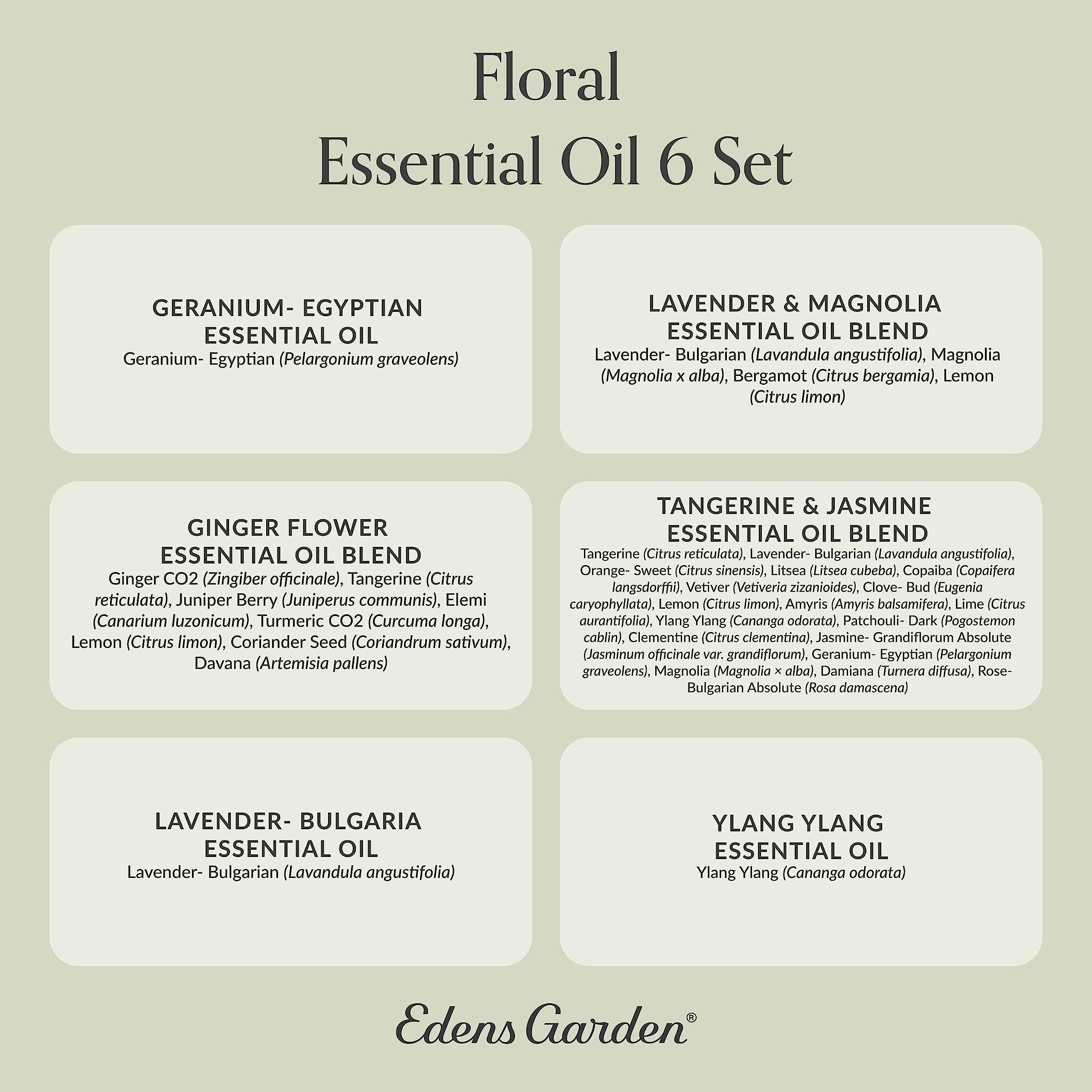 Edens Garden Floral Essential Oils 6 Set – 100% Pure Therapeutic Grade Blends: Geranium, Lavender, Magnolia, Tangerine, Jasmine, Ylang Ylang – 10 ml / 6 Pack