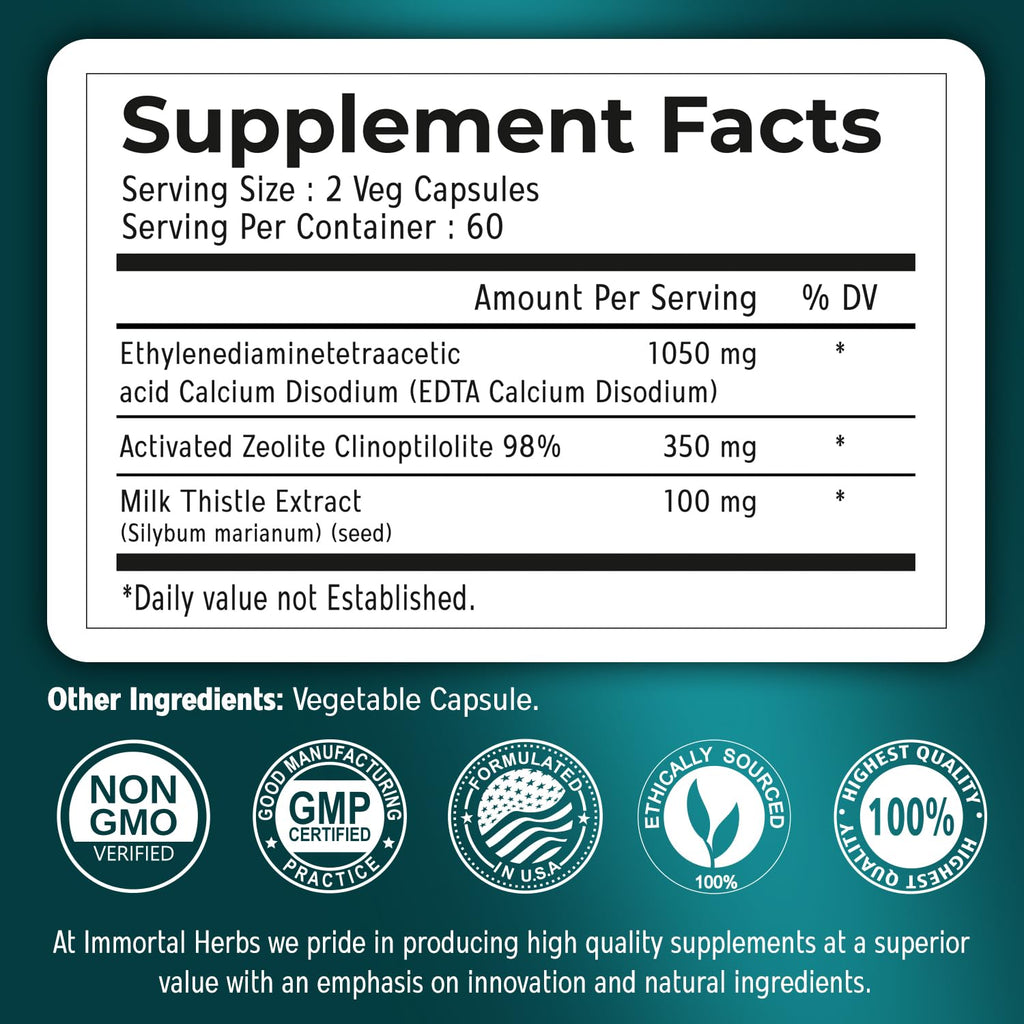 Immortal Herbs Calcium Disodium EDTA Capsules 1500mg with Zeolite Clinoptilolite & Milk Thistle – 120 Vegan, Non-GMO, Gluten Free