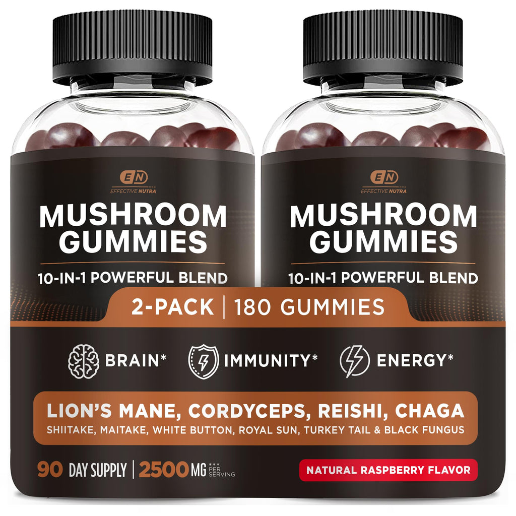 Effective Nutra Mushroom Gummies 2500mg - 10-in-1 Lion’s Mane, Reishi, Chaga, Cordyceps & More - Focus, Clarity, Memory - Raspberry Flavor, Vegan, Made in USA (2-Pack)