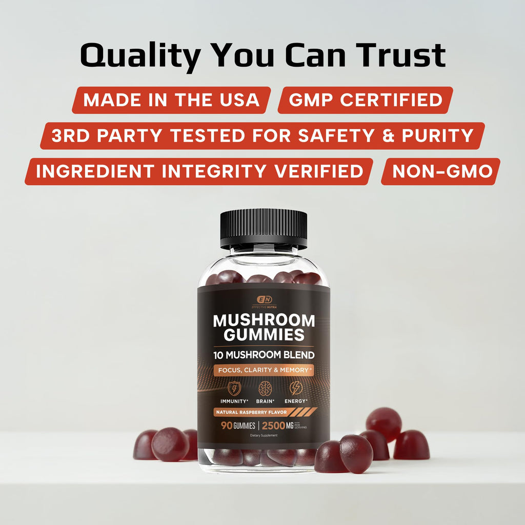 Effective Nutra Mushroom Gummies 2500mg - 10-in-1 Lion’s Mane, Reishi, Chaga, Cordyceps & More - Focus, Clarity, Memory - Raspberry Flavor, Vegan, Made in USA (2-Pack)