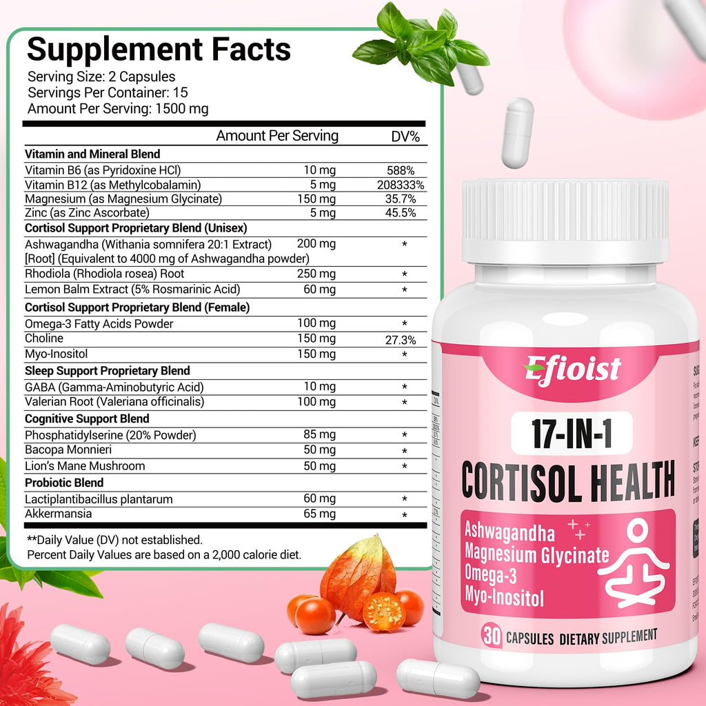 Efioist Cortisol Supplement for Women - 17-in-1 Hormone Harmony, Mood, Sleep & Focus | 30 Capsules