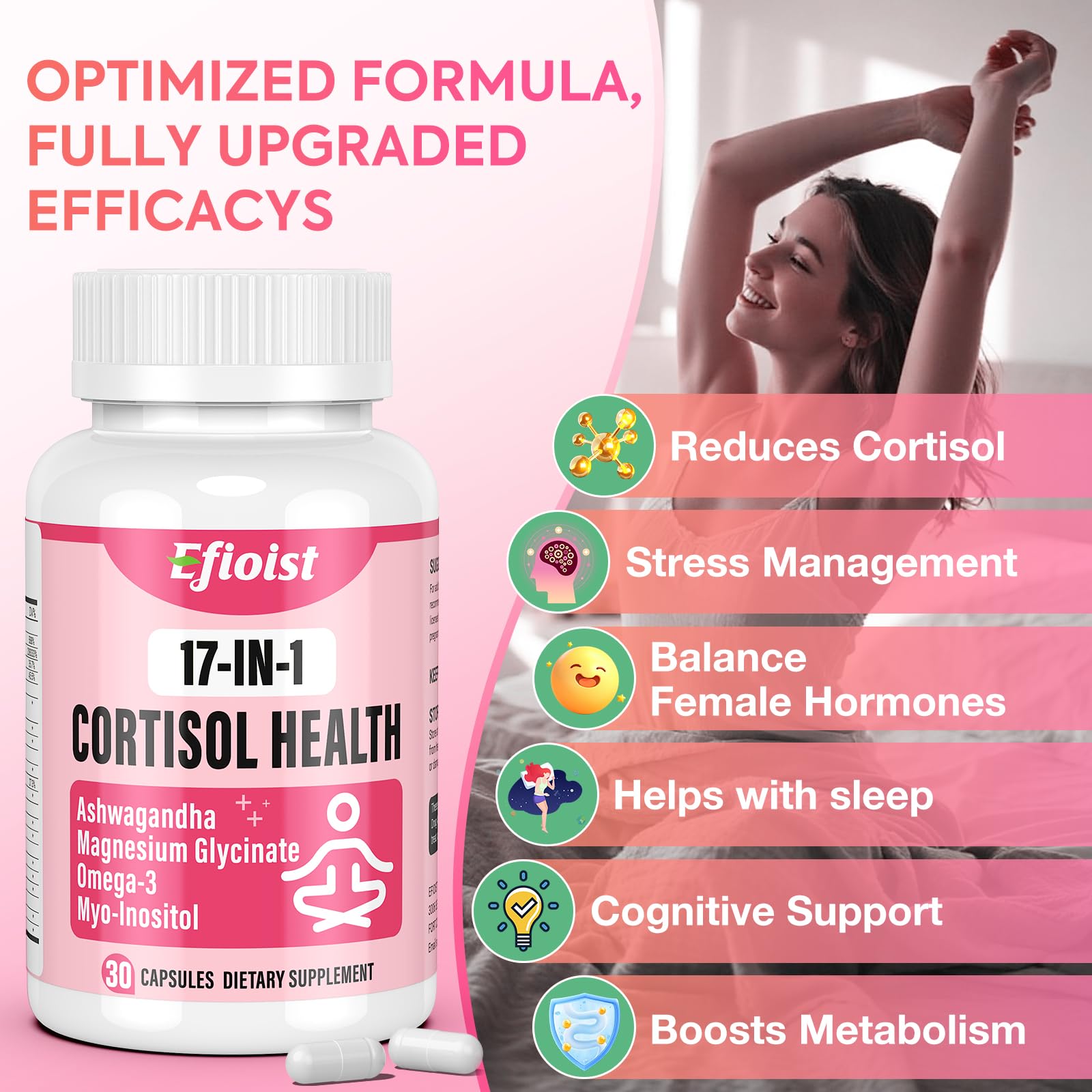 Efioist Cortisol Supplement for Women - 17-in-1 Hormone Harmony, Mood, Sleep & Focus | 30 Capsules