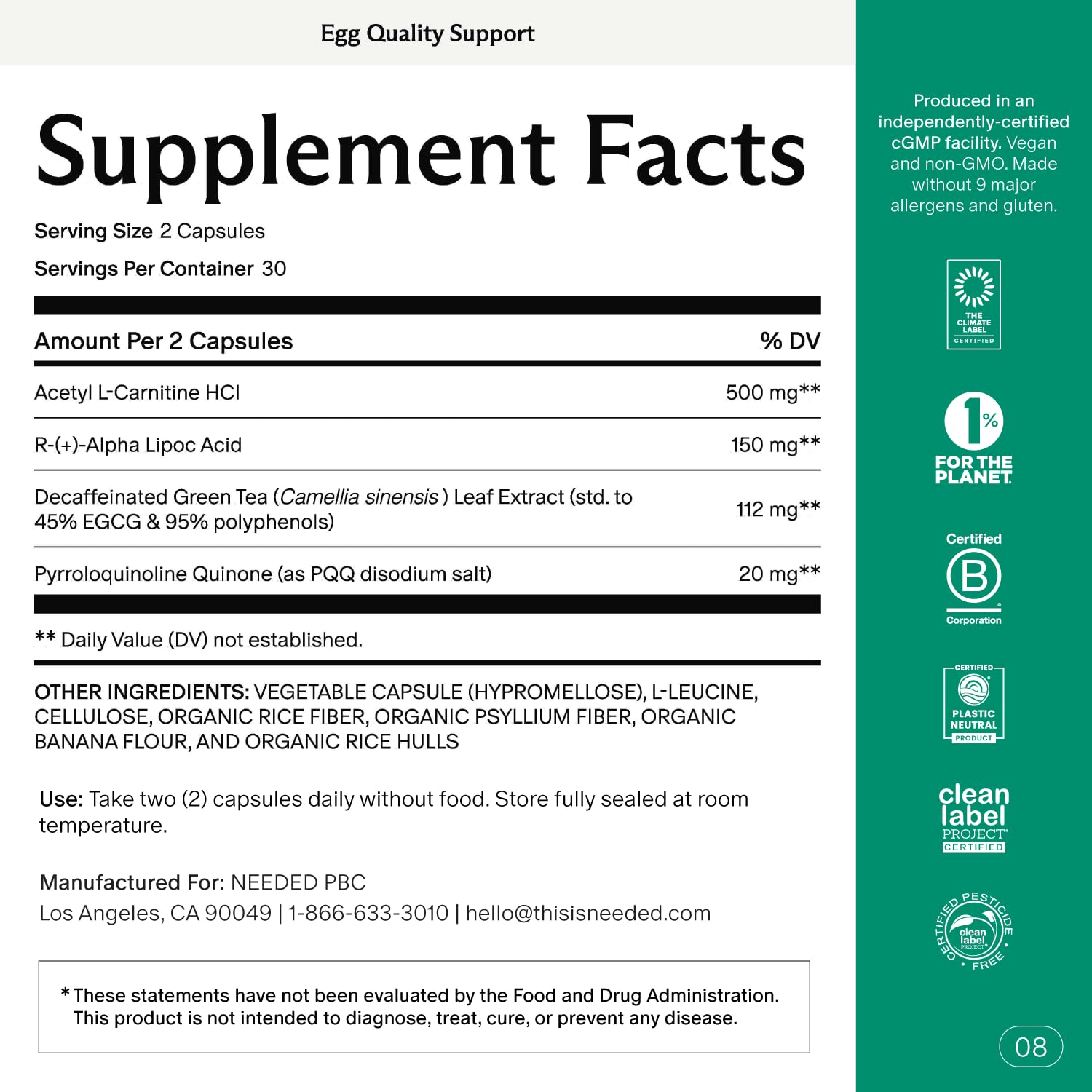 Needed Egg Quality Support - Antioxidant Fertility Supplement for Women | 60 Capsules