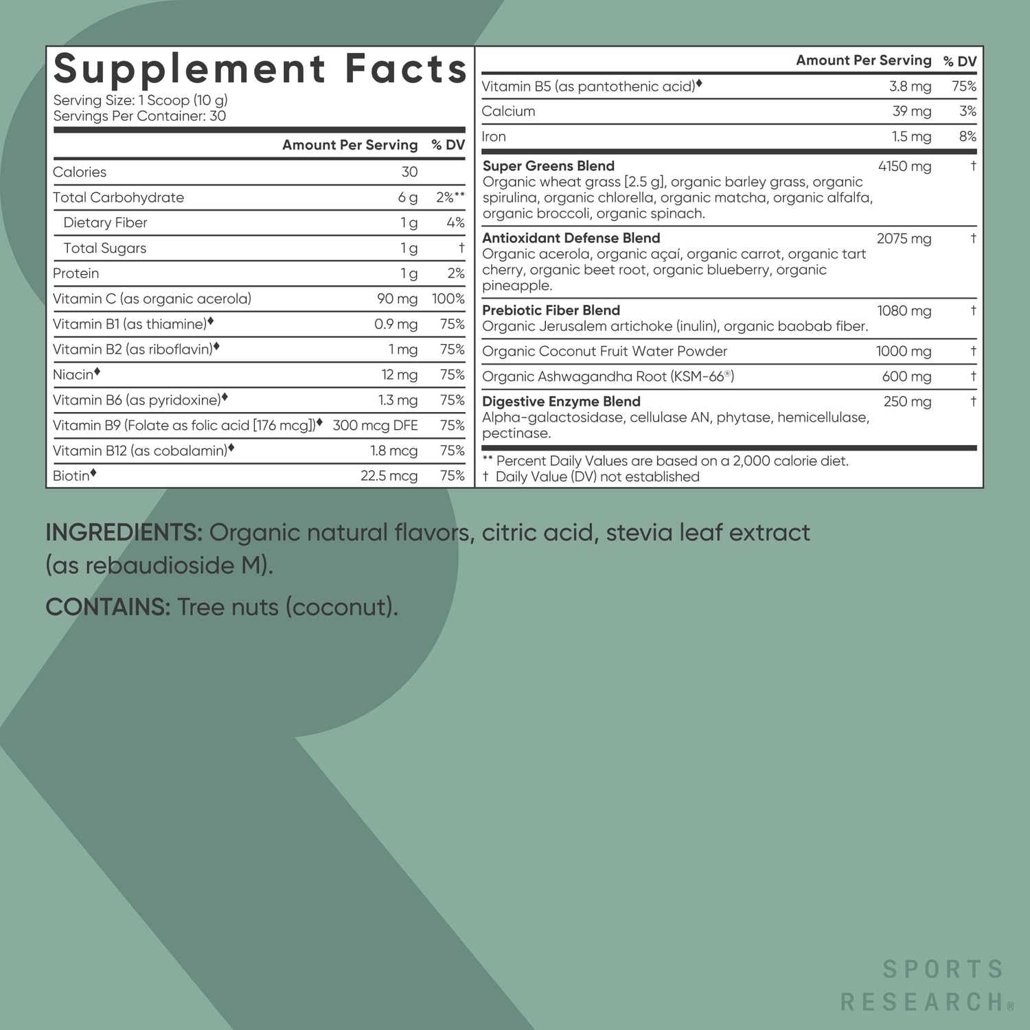 Sports Research Organic Greens Powder with Spirulina & Chlorella – 30 Servings, Vegan & Sugar-Free
