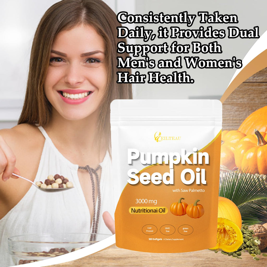 EILTEAU Pumpkin Seed Oil with Saw Palmetto - 3000mg per Serving, Cold Pressed, 180 Softgels | Non-GMO
