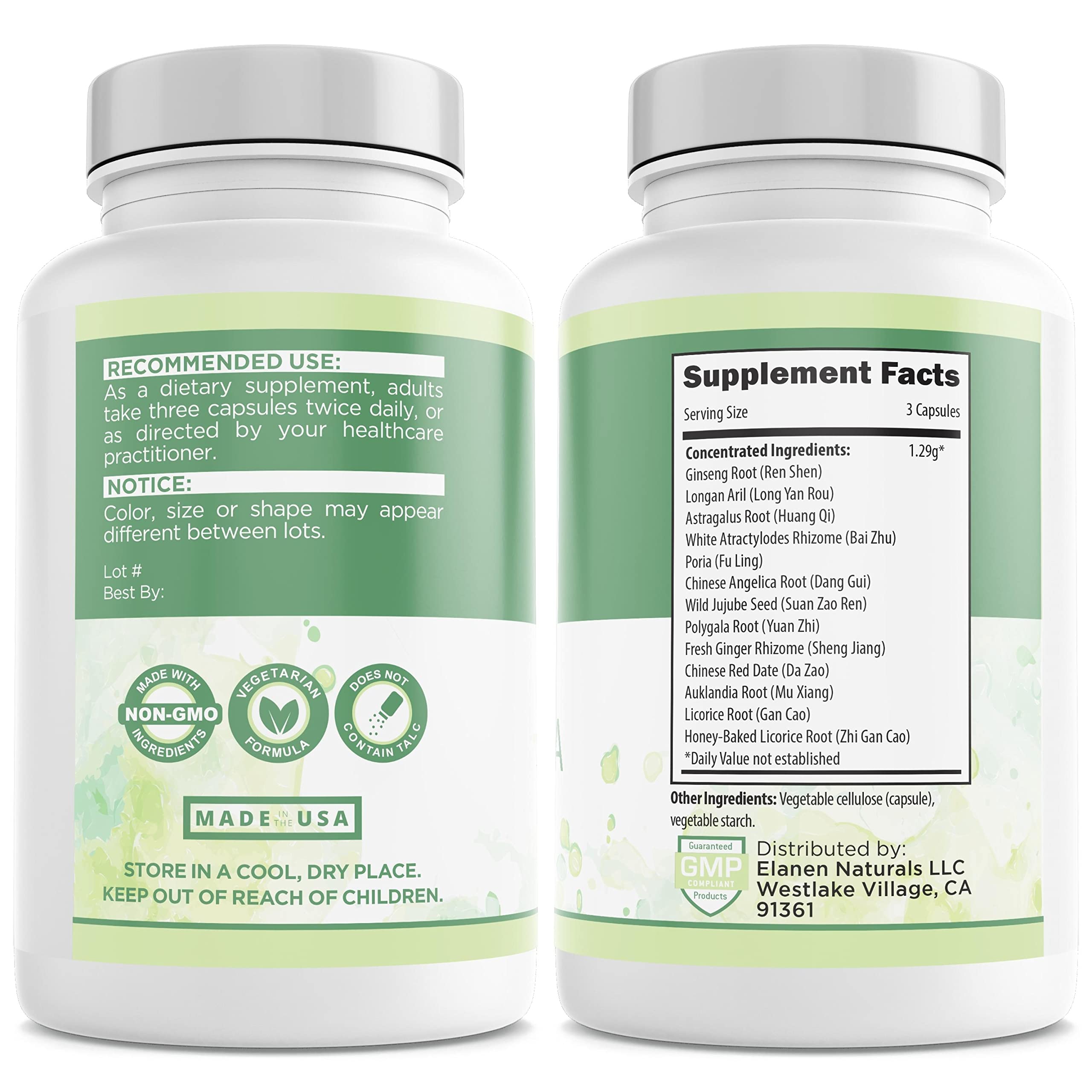 Elanen Naturals Gui Pi Wan - 3rd Party Tested - Restore Spleen & Mind - 100 Veg Capsules