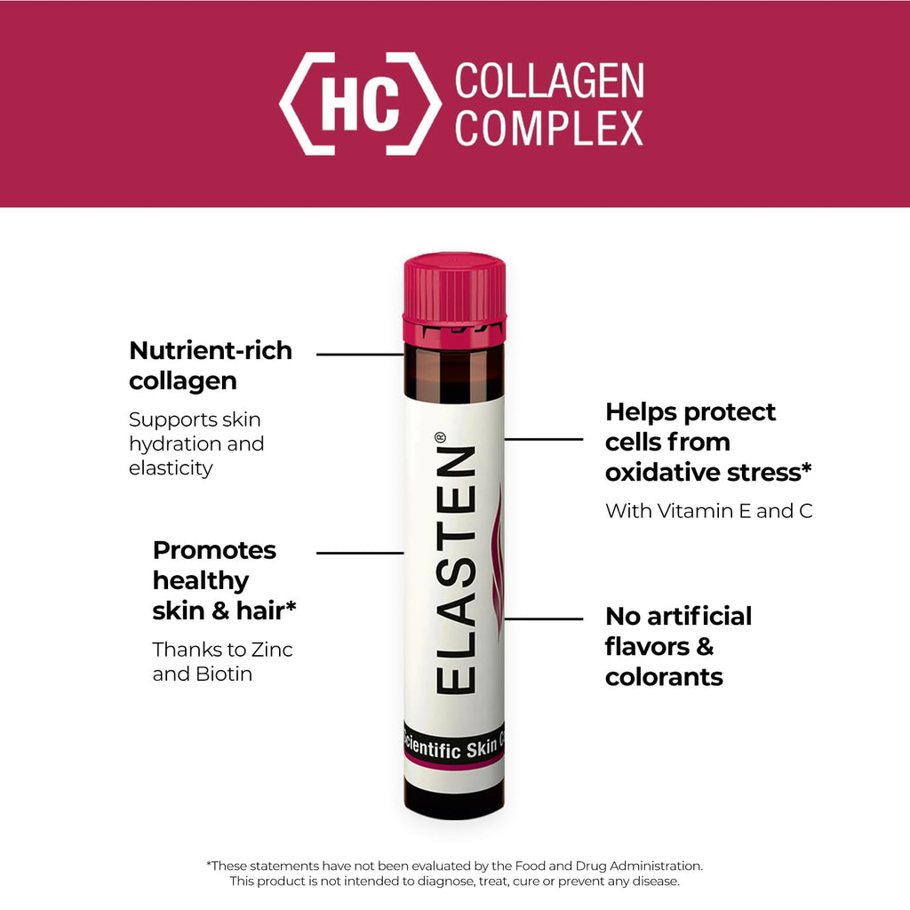 ELASTEN Clinically Tested Collagen Complex for Radiant Skin from Within – 28 Liquid Ampoules (0.85 fl oz / 25 ml Each)