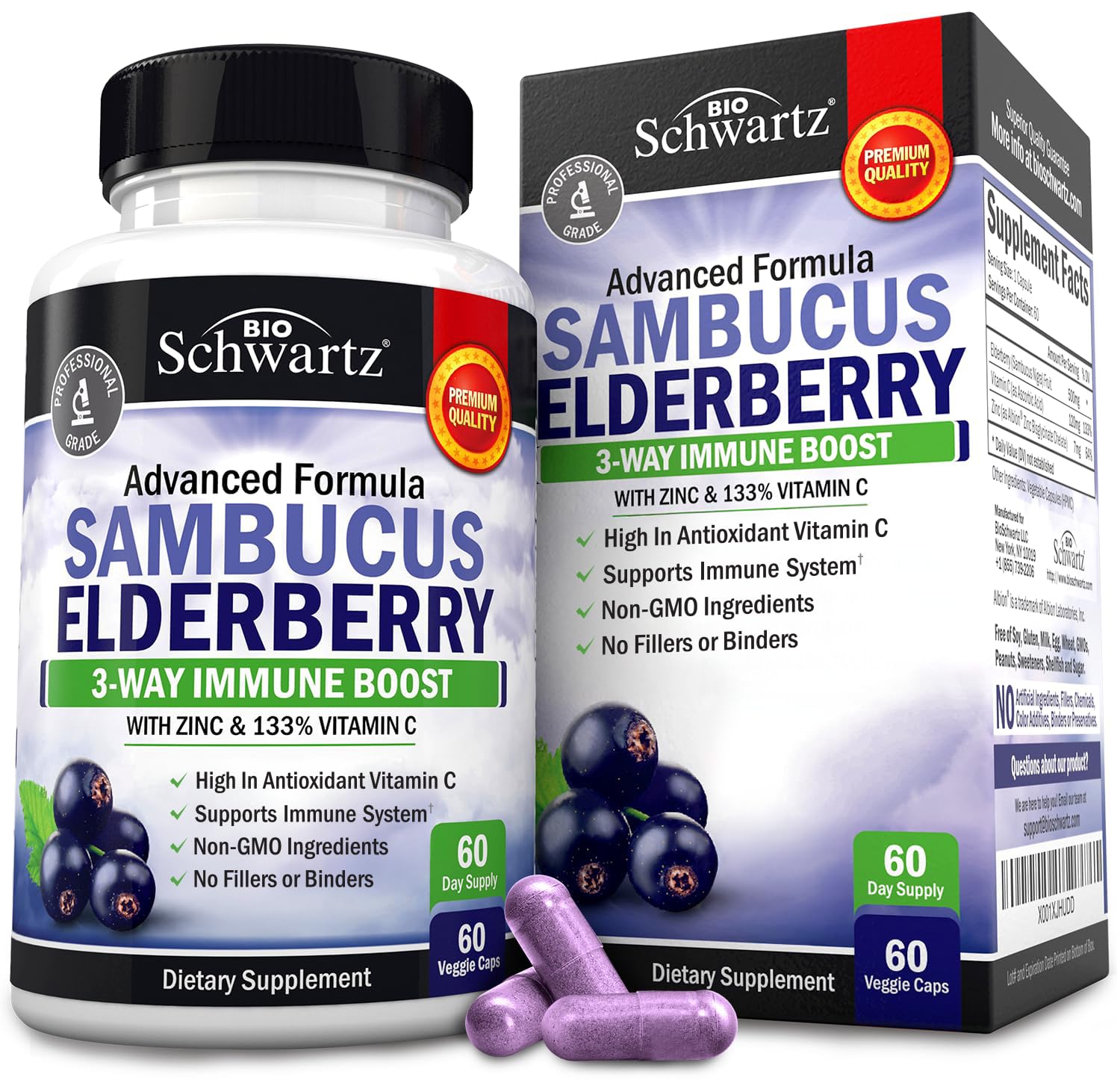 Elderberry Capsules with Zinc & Vitamin C – Immune Support for Adults (60 Count)