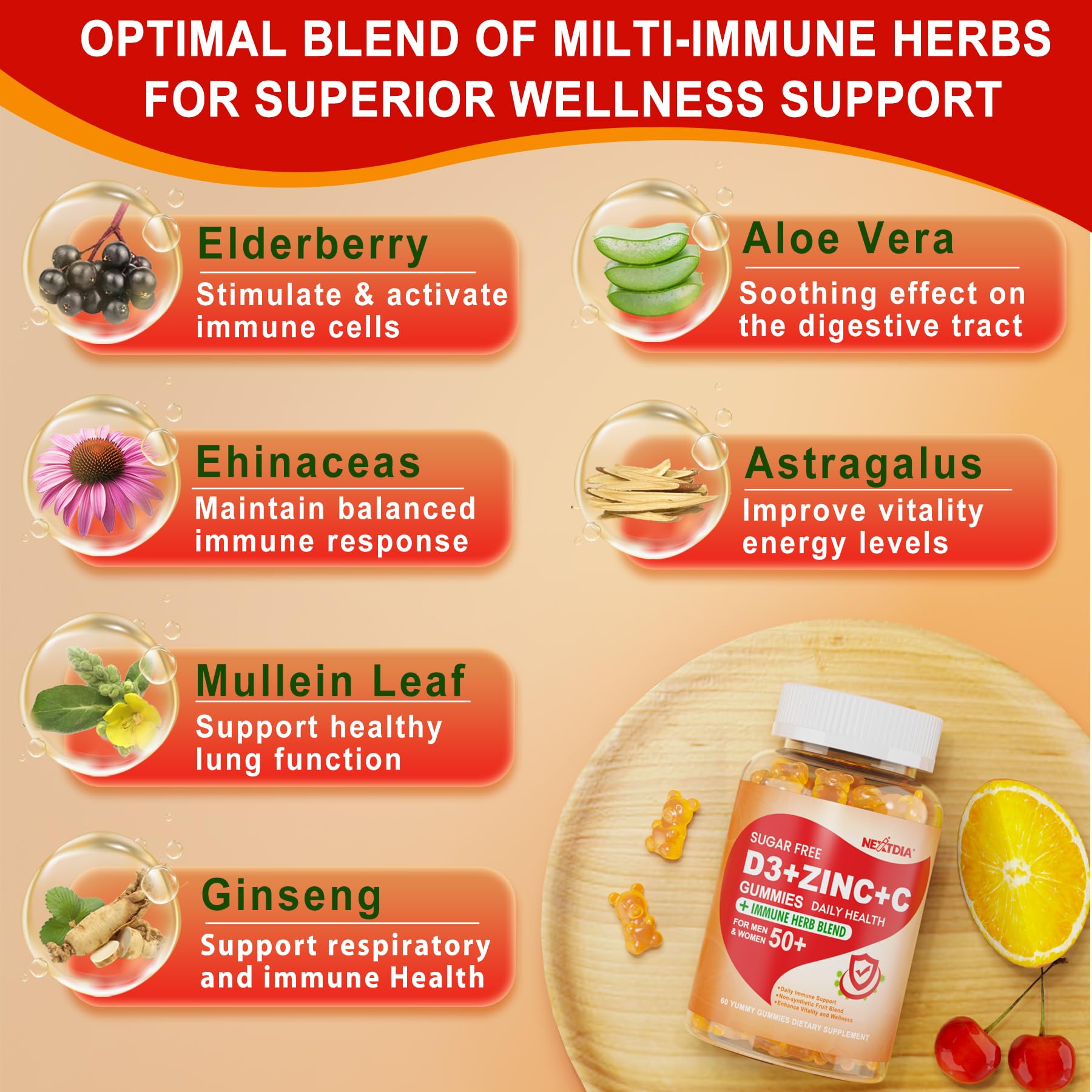 Sugar Free Vitamin C + D3 + Zinc Gummies for Adults 50+ | 9-in-1 Immune Defense (Vegan, Pack of 2)