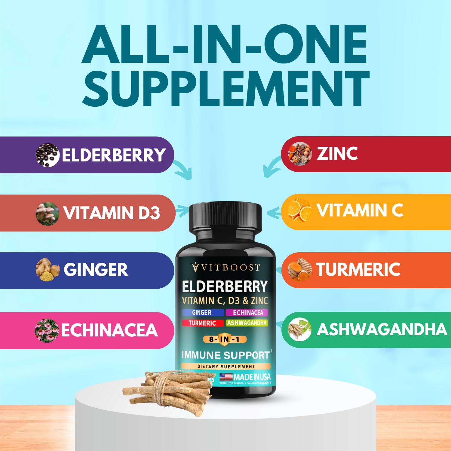 Elderberry Immune Support 8-in-1 Formula – 60 Capsules with Vitamin C, D, Zinc & Echinacea