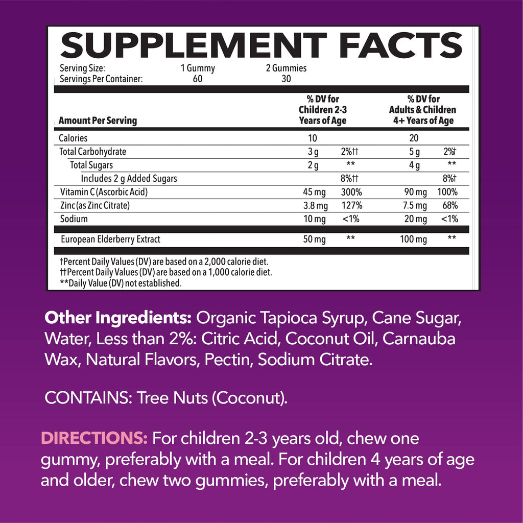 Elderberry Gummies for Kids with Zinc & Vitamin C – 60 Count (Vegan, Berry)