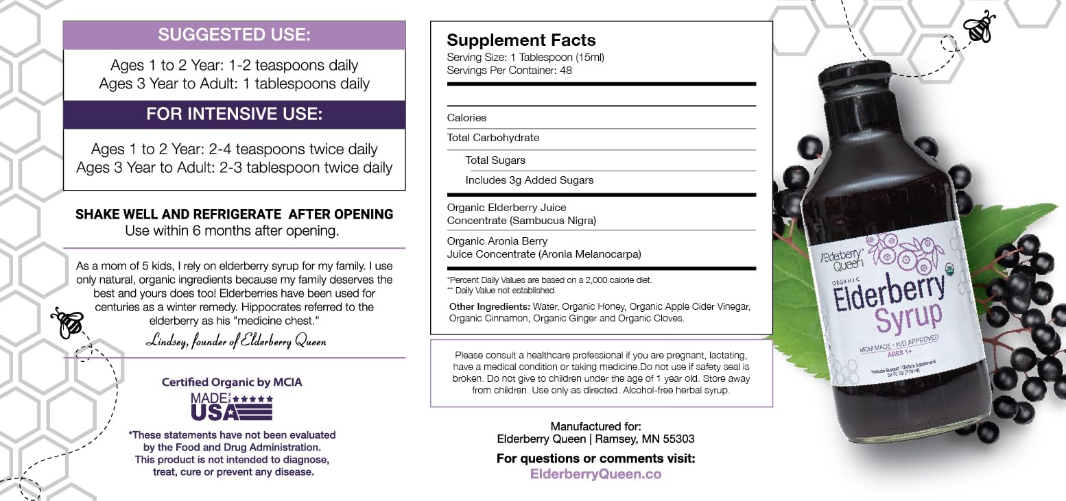Elderberry Queen Organic Elderberry Syrup 24 Fl Oz – Sambucus Elderberry & Aronia Berry for Kids & Adults