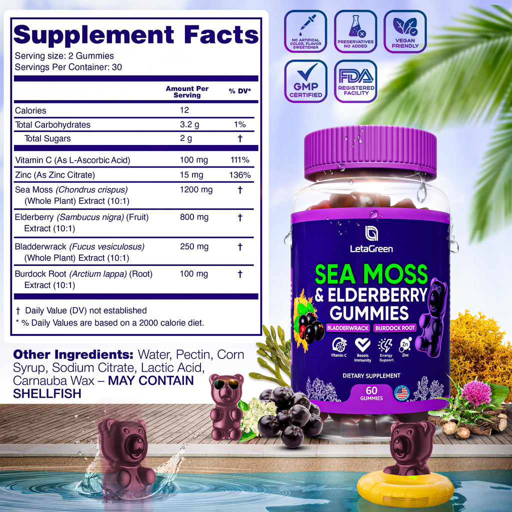 LetaGreen Irish Sea Moss Gummies – Multimineral with Bladderwrack & Elderberry (60 Vegan Gummies)