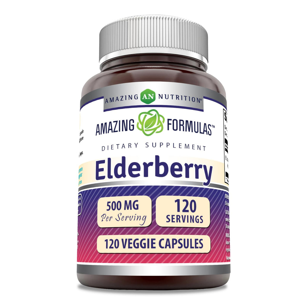 Amazing Formulas Elderberry Supplement – 500 mg, 10:1 Concentrate, 120 Veggie Capsules