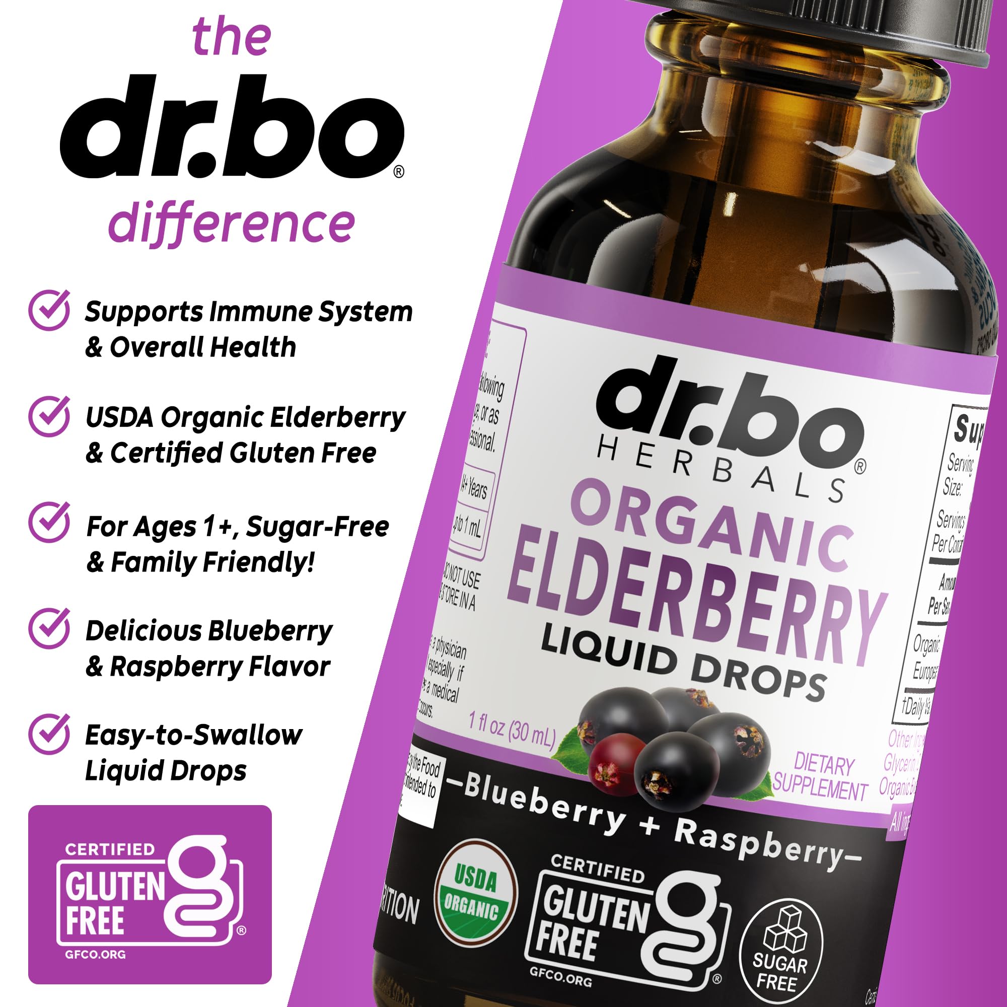 Elderberry Syrup Organic Liquid Drops – Sugar Free Immune Support for Adults & Kids (1 Fl Oz)