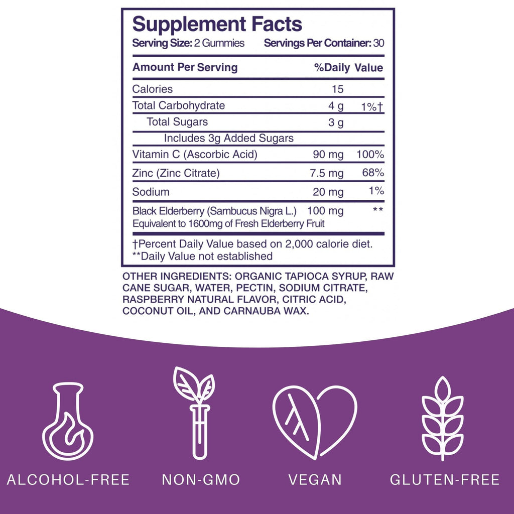 Elderlane Elderberry Gummies for Adults and Kids - Immune Support - Non-GMO, Vegan, Gluten-Free, Gelatin-Free - 60ct, 100mg