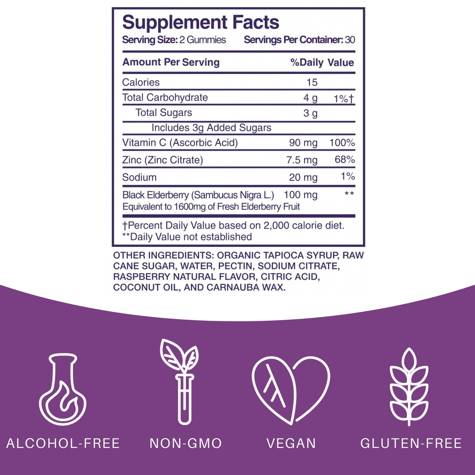 Elderlane Elderberry Gummies for Adults and Kids - Immune Support - Non-GMO, Vegan, Gluten-Free, Gelatin-Free - 60ct, 100mg